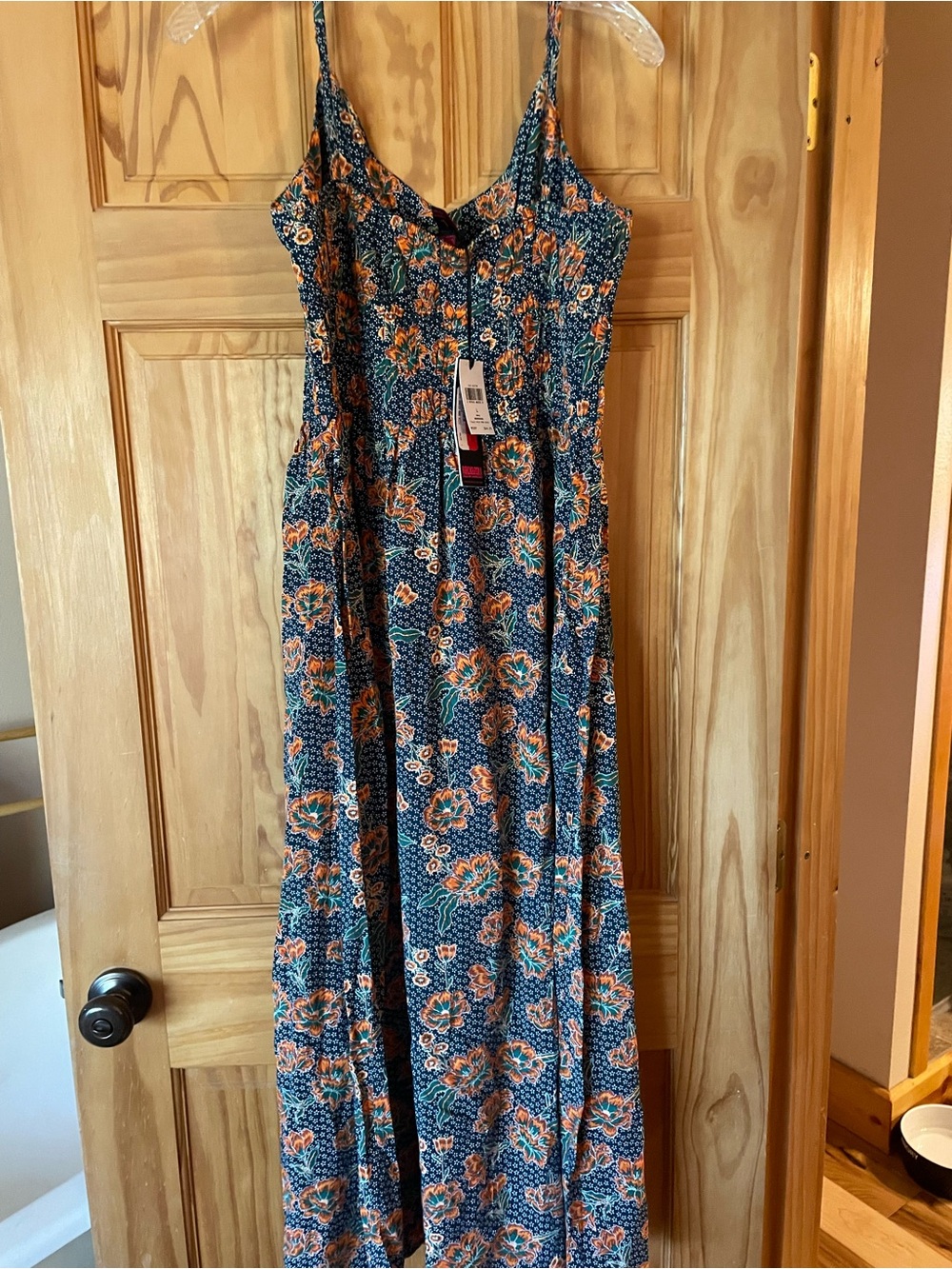 Smocked Floral Midi Dress in Teal and Orange - Picture 2 of 4